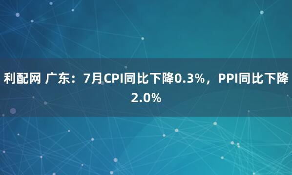 利配网 广东：7月CPI同比下降0.3%，PPI同比下降2.0%